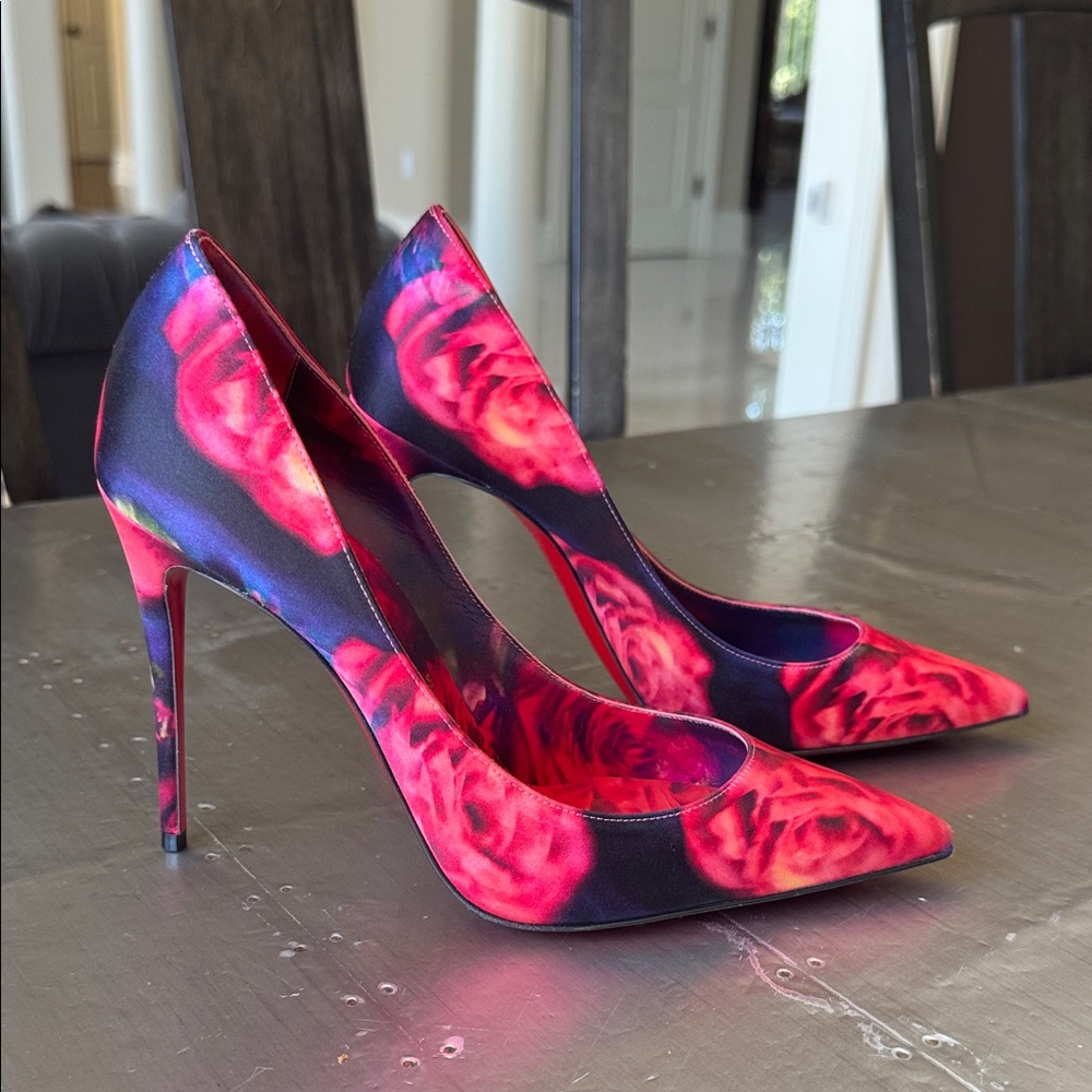 Christian Louboutin Kate 100mm rosette pink blue stiletto pump sz 38.5